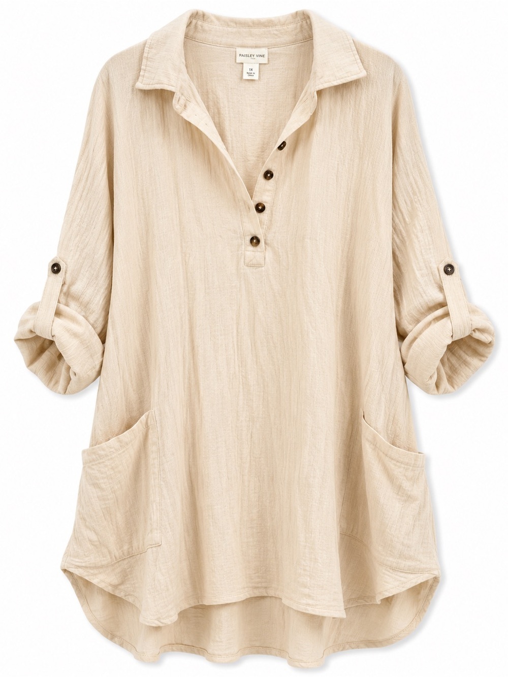 Paisley Vine 1X Boho Linen Look Tunic Top Oversized Beige Button Shirt Plus Size
